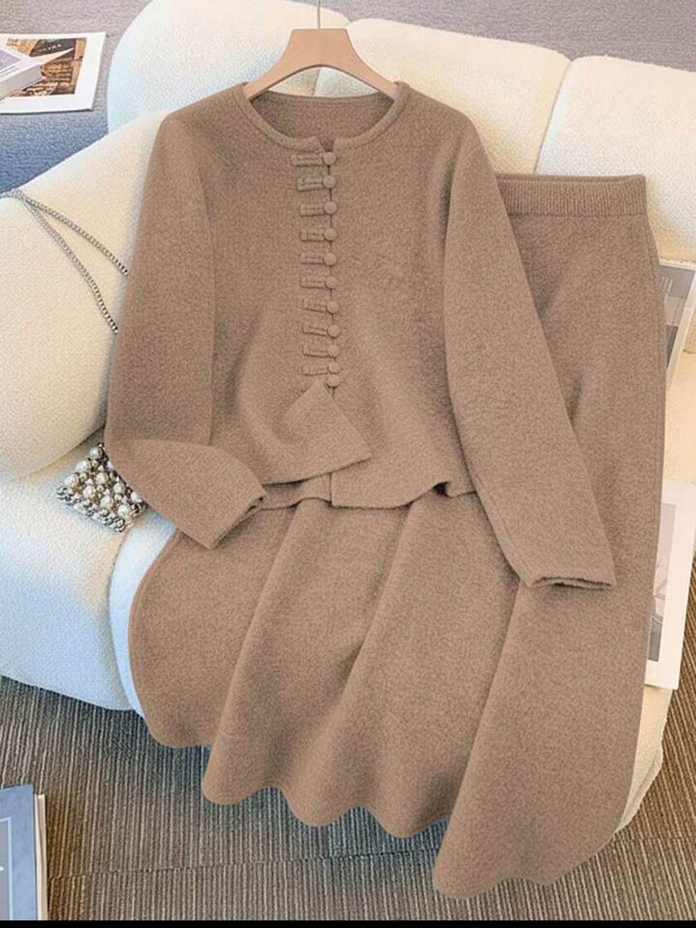 Knitted Drawstring Casual Elegant Chinese Style Solid Buttoned Sweater Skirt Set